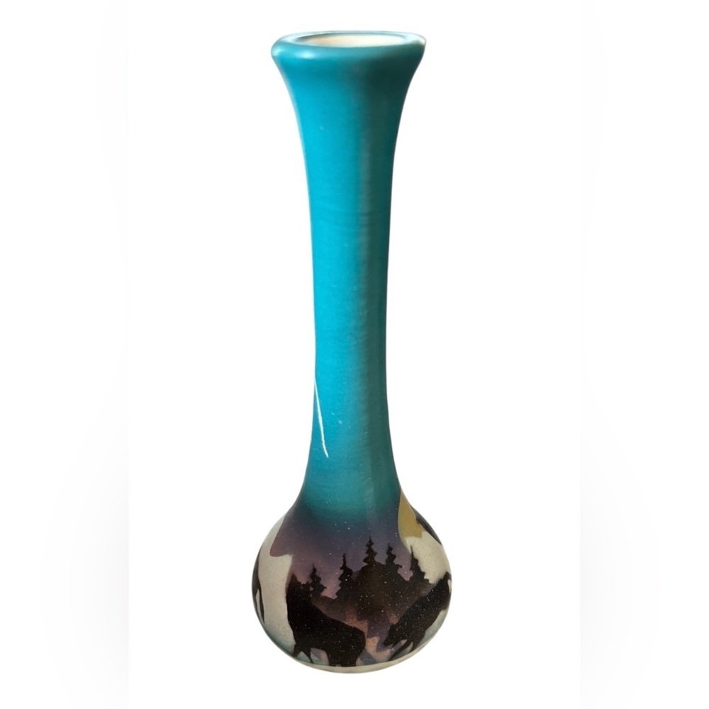 VTG Navajo Pottery Small Bud Vase Handpainted Airbrushed Wolves 6” Blue Native